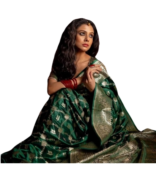 Women's Silk Printed Saree With Unstitched Blouse 5.5Mtr (Dark Green)
