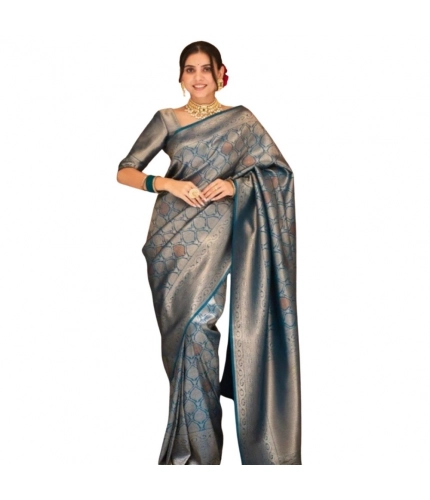 Women's Silk Printed Saree With Unstitched Blouse 5.5Mtr (Rama)