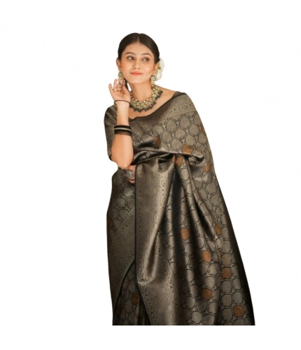 Women's Silk Printed Saree With Unstitched Blouse 5.5Mtr (Black)