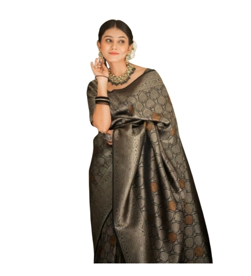 Women's Silk Printed Saree With Unstitched Blouse 5.5Mtr (Black)