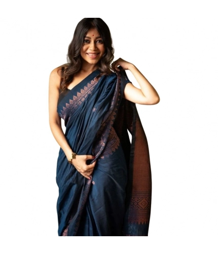 Women's Silk Printed Saree With Unstitched Blouse 5.5Mtr (Navy Blue)