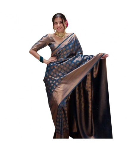 Women's Silk Printed Saree With Unstitched Blouse 5.5Mtr (Blue)
