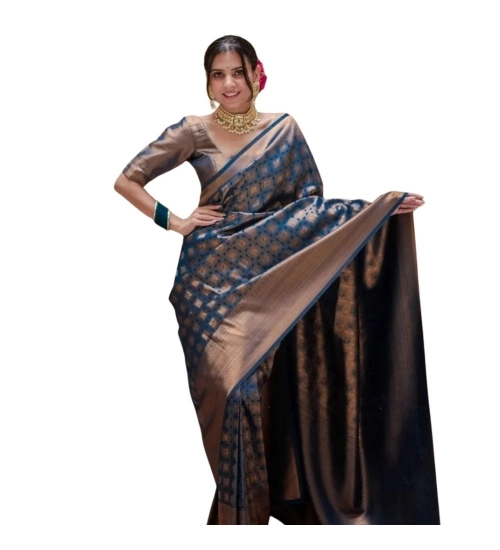 Women's Silk Printed Saree With Unstitched Blouse 5.5Mtr (Blue)