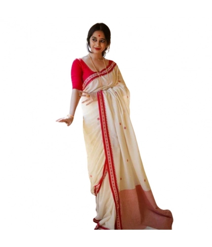 Women's Cotton  Printed Saree With Unstitched Blouse 5.5Mtr (White)