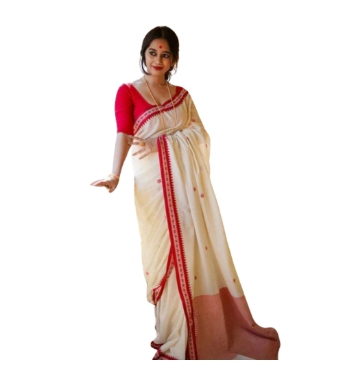 Women's Cotton  Printed Saree With Unstitched Blouse 5.5Mtr (White)