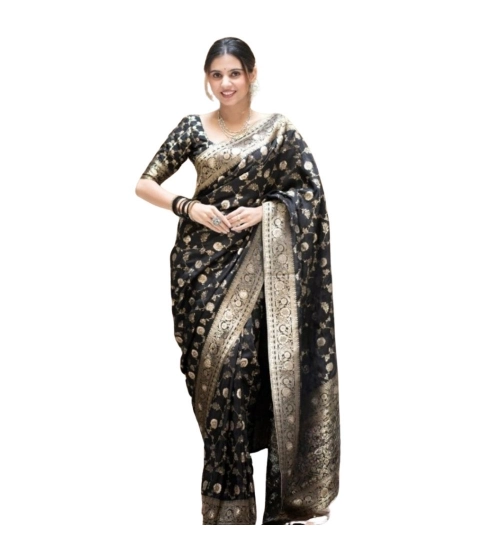 Women's Silk Printed Saree With Unstitched Blouse 5.5Mtr (Black)