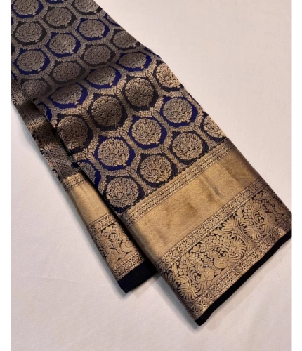 Women's Silk Printed Saree With Unstitched Blouse 5.5Mtr (Navy Blue)
