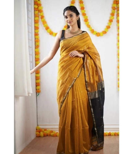 Women's Cotton  Printed Saree With Unstitched Blouse 5.5Mtr (Yellow)