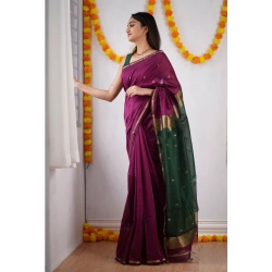 Women's Cotton  Printed Saree With Unstitched Blouse 5.5Mtr (Wine)