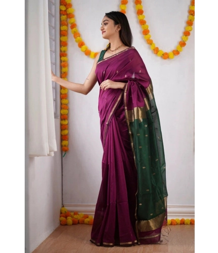 Women's Cotton  Printed Saree With Unstitched Blouse 5.5Mtr (Wine)