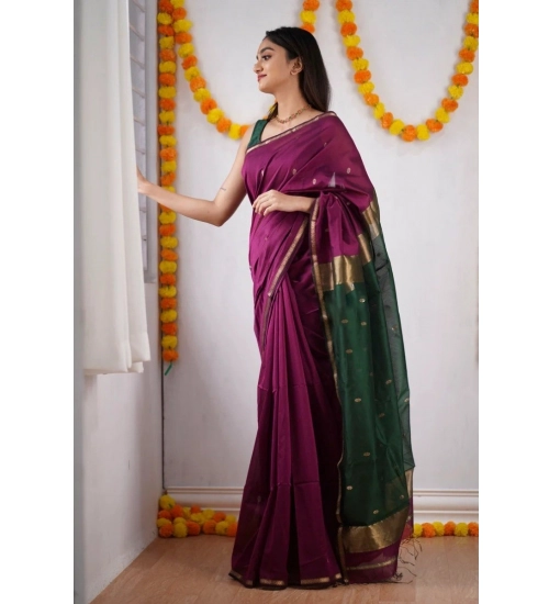 Women's Cotton  Printed Saree With Unstitched Blouse 5.5Mtr (Wine)