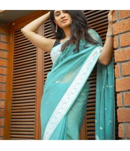 Women's Cotton  Printed Saree With Unstitched Blouse 5.5Mtr (Sky Blue)