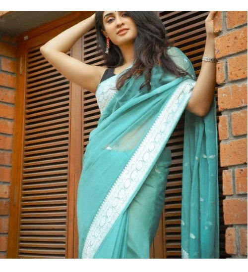 Women's Cotton  Printed Saree With Unstitched Blouse 5.5Mtr (Sky Blue)