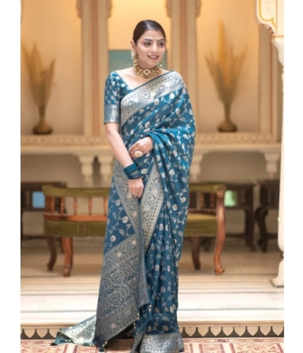 Women's Silk Printed Saree With Unstitched Blouse 5.5Mtr (Rama)