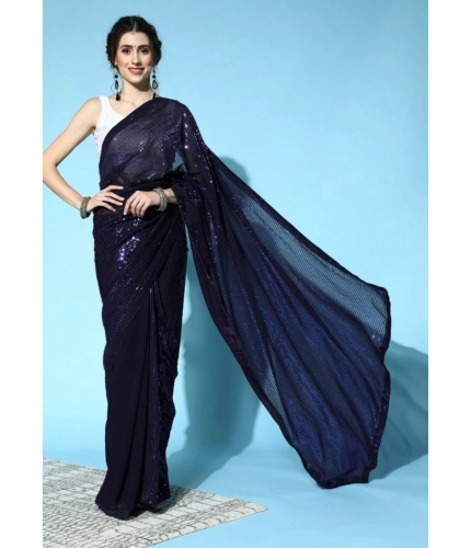 Women's Georgette Embellished Sequnece Bollywood Saree With Unstitched Blouse 5.5Mtr (Blue)