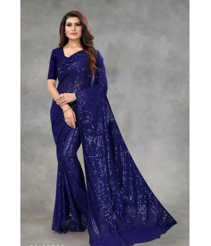 Women's Georgette Embellished Sequnece Bollywood Saree With Unstitched Blouse 5.5Mtr (Blue)