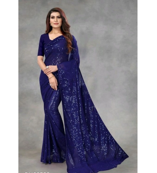 Women's Georgette Embellished Sequnece Bollywood Saree With Unstitched Blouse 5.5Mtr (Blue)