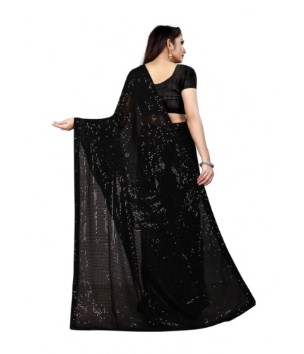 Women's Georgette Embellished Sequnece Bollywood Saree With Unstitched Blouse 5.5Mtr (Black)