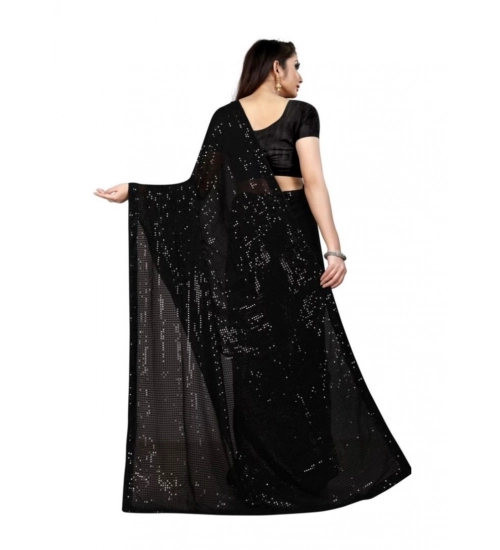 Women's Georgette Embellished Sequnece Bollywood Saree With Unstitched Blouse 5.5Mtr (Black)