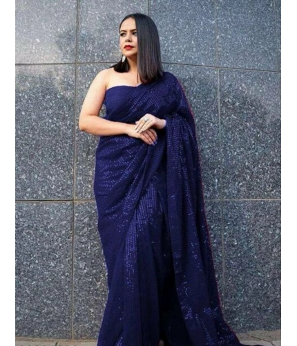 Women's Georgette Embellished Sequnece Bollywood Saree With Unstitched Blouse 5.5Mtr (Blue)