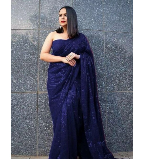 Women's Georgette Embellished Sequnece Bollywood Saree With Unstitched Blouse 5.5Mtr (Blue)