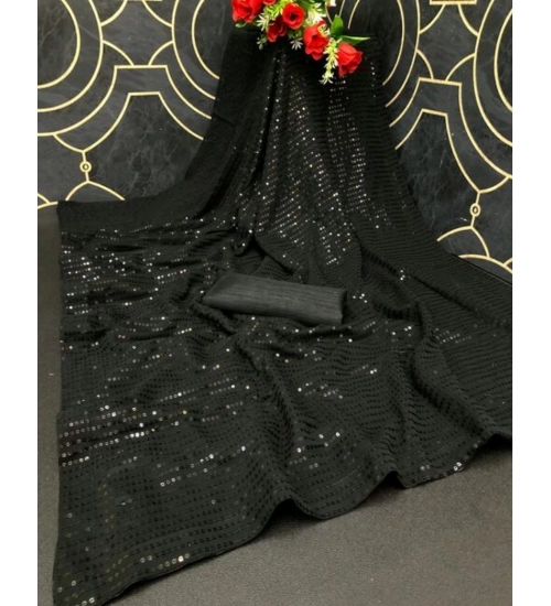 Women's Georgette Embellished Sequnece Bollywood Saree With Unstitched Blouse 5.5Mtr (Black)