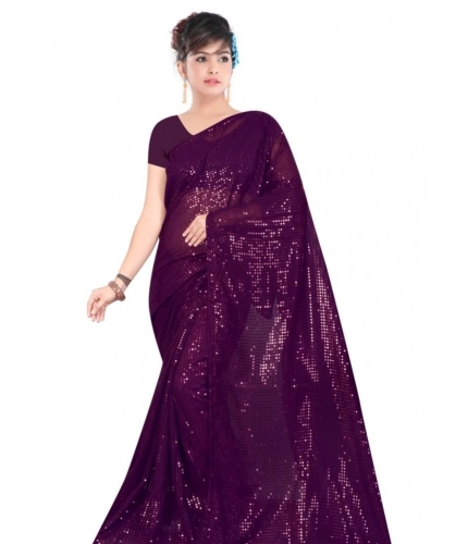 Women's Georgette Embellished Sequnece Bollywood Saree With Unstitched Blouse 5.5Mtr (Purple)