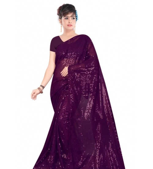 Women's Georgette Embellished Sequnece Bollywood Saree With Unstitched Blouse 5.5Mtr (Purple)