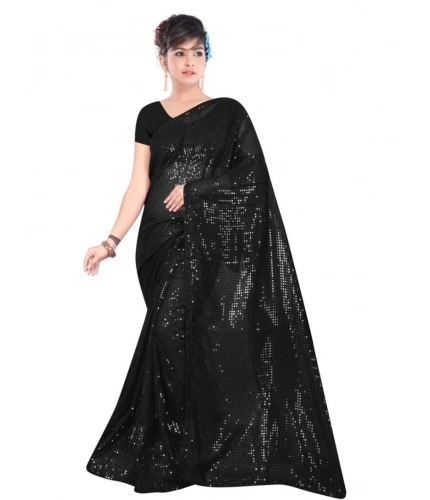 Women's Georgette Embellished Sequnece Bollywood Saree With Unstitched Blouse 5.5Mtr (Black)