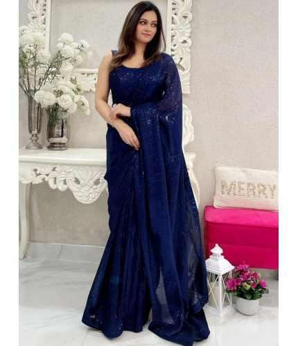 Women's Georgette Embellished Sequnece Bollywood Saree With Unstitched Blouse 5.5Mtr (Blue)