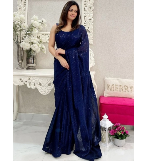 Women's Georgette Embellished Sequnece Bollywood Saree With Unstitched Blouse 5.5Mtr (Blue)