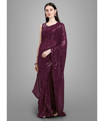 Women's Georgette Embellished Sequnece Bollywood Saree With Unstitched Blouse 5.5Mtr (Purple)