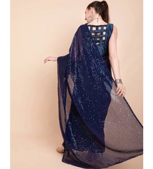 Women's Georgette Embellished Sequnece Bollywood Saree With Unstitched Blouse 5.5Mtr (Blue)