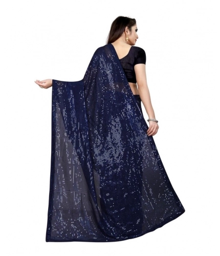 Women's Georgette Embellished Sequnece Bollywood Saree With Unstitched Blouse 5.5Mtr (Blue)