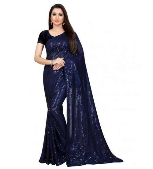 Women's Georgette Embellished Sequnece Bollywood Saree With Unstitched Blouse 5.5Mtr (Blue)