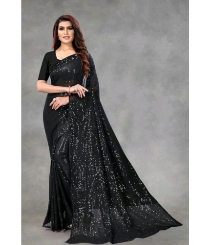 Women's Georgette Embellished Sequnece Bollywood Saree With Unstitched Blouse 5.5Mtr (Black)