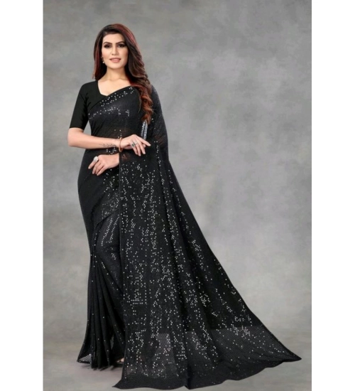 Women's Georgette Embellished Sequnece Bollywood Saree With Unstitched Blouse 5.5Mtr (Black)