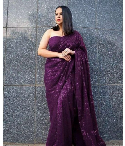 Women's Georgette Embellished Sequnece Bollywood Saree With Unstitched Blouse 5.5Mtr (Purple)