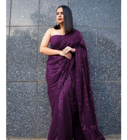 Women's Georgette Embellished Sequnece Bollywood Saree With Unstitched Blouse 5.5Mtr (Purple)
