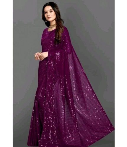 Women's Georgette Embellished Sequnece Bollywood Saree With Unstitched Blouse 5.5Mtr (Purple)