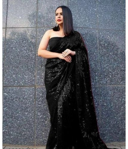 Women's Georgette Embellished Sequnece Bollywood Saree With Unstitched Blouse 5.5Mtr (Black)
