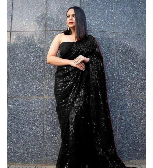 Women's Georgette Embellished Sequnece Bollywood Saree With Unstitched Blouse 5.5Mtr (Black)