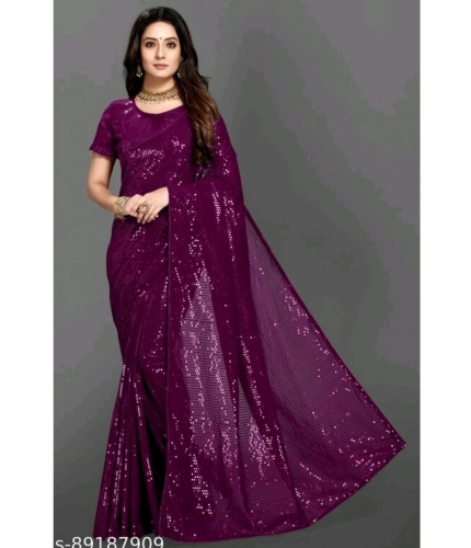 Women's Georgette Embellished Sequnece Bollywood Saree With Unstitched Blouse 5.5Mtr (Purple)