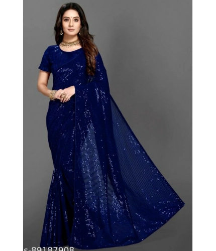 Women's Georgette Embellished Sequnece Bollywood Saree With Unstitched Blouse 5.5Mtr (Blue)