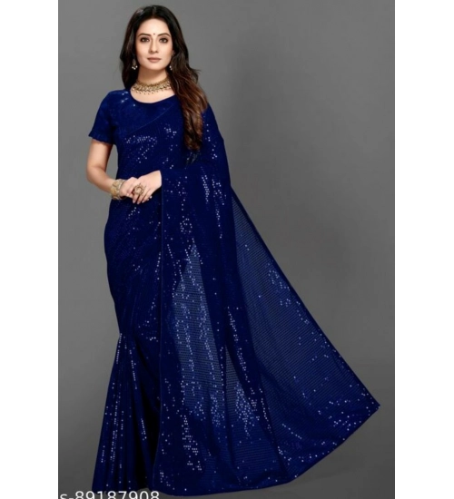 Women's Georgette Embellished Sequnece Bollywood Saree With Unstitched Blouse 5.5Mtr (Blue)