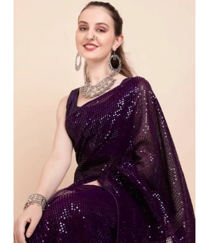 Women's Georgette Embellished Sequnece Bollywood Saree With Unstitched Blouse 5.5Mtr (Purple)