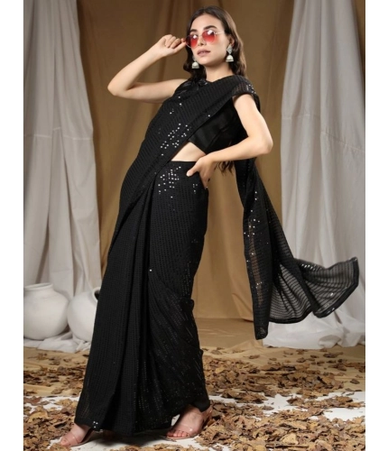 Women's Georgette Embellished Sequnece Bollywood Saree With Unstitched Blouse 5.5Mtr (Black)