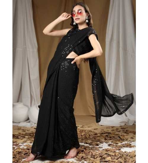 Women's Georgette Embellished Sequnece Bollywood Saree With Unstitched Blouse 5.5Mtr (Black)