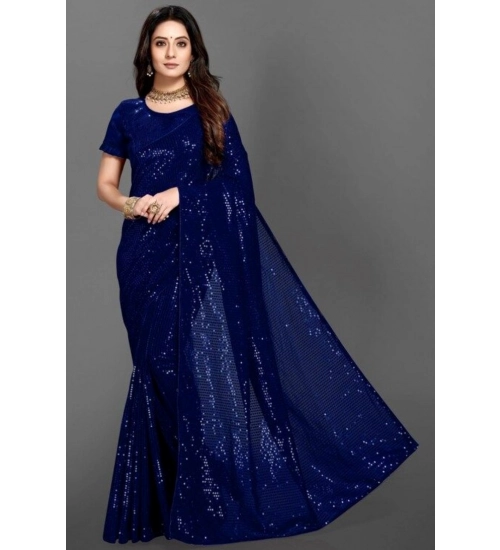 Women's Georgette Embellished Sequnece Bollywood Saree With Unstitched Blouse 5.5Mtr (Blue)