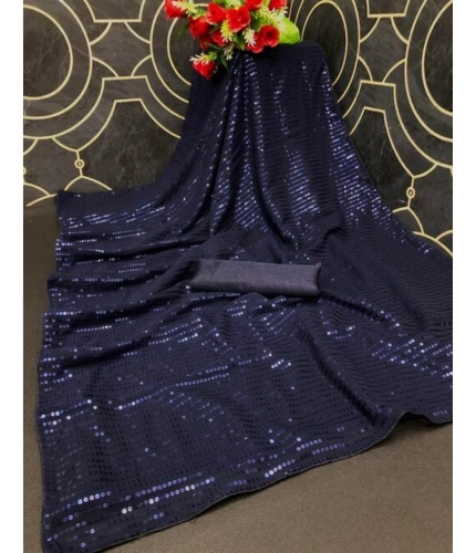 Women's Georgette Embellished Sequnece Bollywood Saree With Unstitched Blouse 5.5Mtr (Blue)